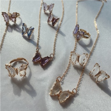 jewel butterfly necklace &amp; earring set (clear, blue, purple)